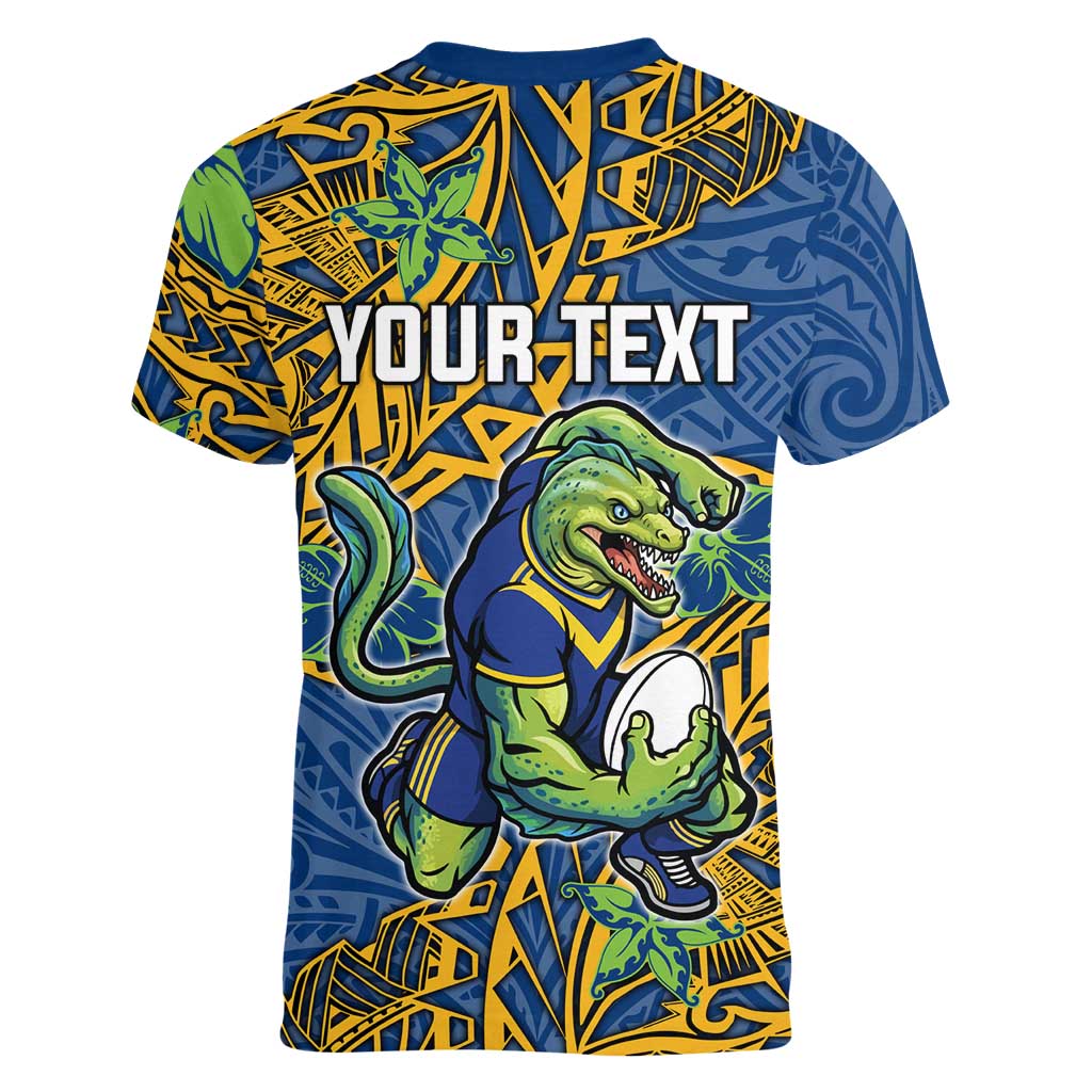 Personalised Parramatta Eels Women V-Neck T-Shirt Polynesian Tribal Pattern With Rugby Eel Mascot Art