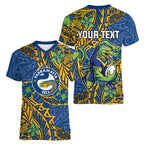 Personalised Parramatta Eels Women V-Neck T-Shirt Polynesian Tribal Pattern With Rugby Eel Mascot Art
