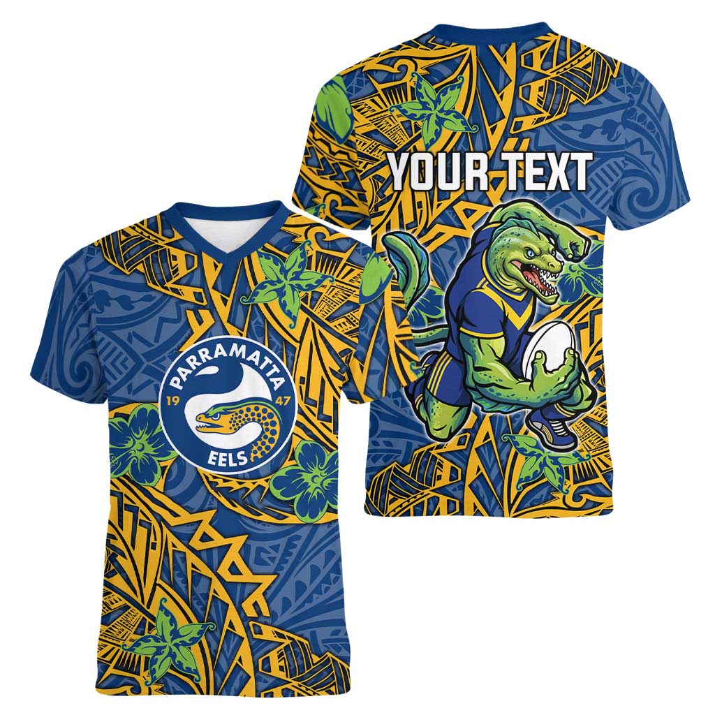 Personalised Parramatta Eels Women V-Neck T-Shirt Polynesian Tribal Pattern With Rugby Eel Mascot Art