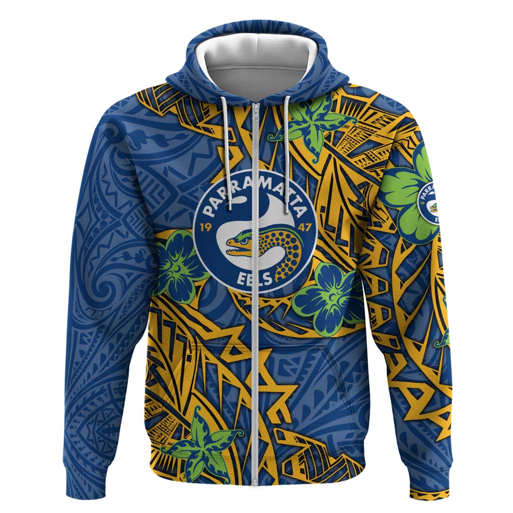 Personalised Parramatta Eels Zip Hoodie Polynesian Tribal Pattern With Rugby Eel Mascot Art