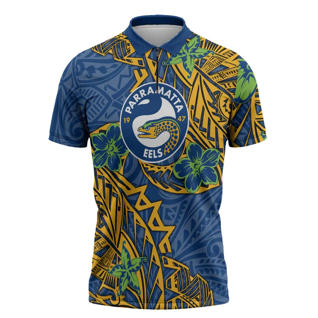 Personalised Parramatta Eels Zipper Polo Shirt Polynesian Tribal Pattern With Rugby Eel Mascot Art