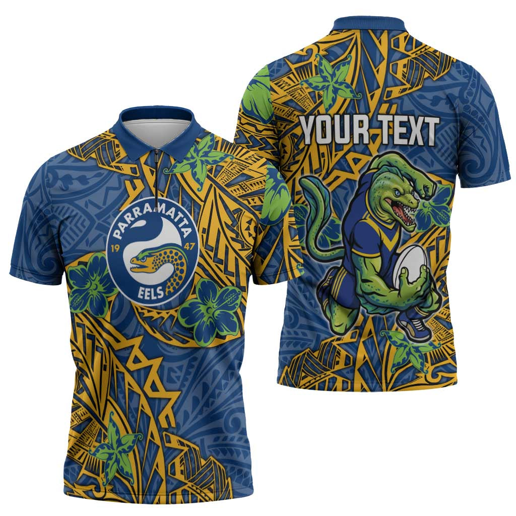 Personalised Parramatta Eels Zipper Polo Shirt Polynesian Tribal Pattern With Rugby Eel Mascot Art