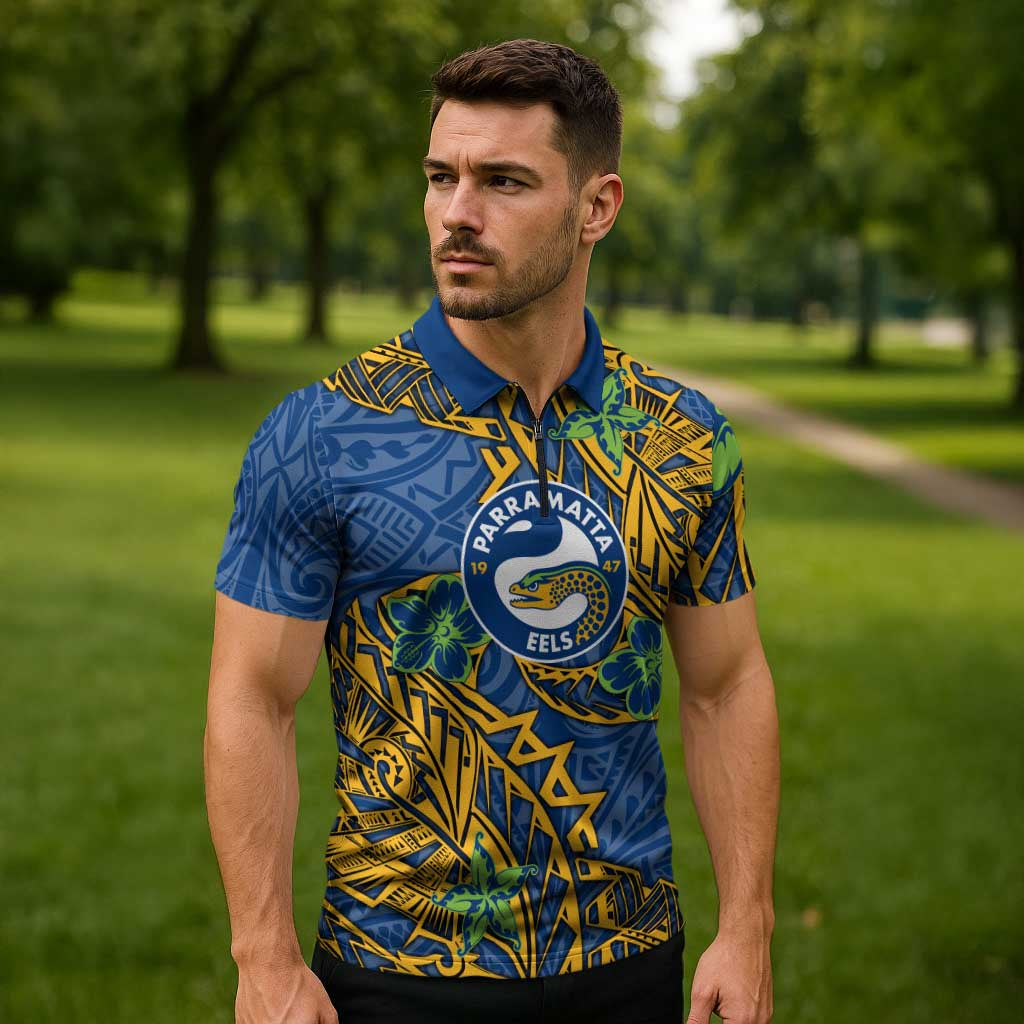 Personalised Parramatta Eels Zipper Polo Shirt Polynesian Tribal Pattern With Rugby Eel Mascot Art