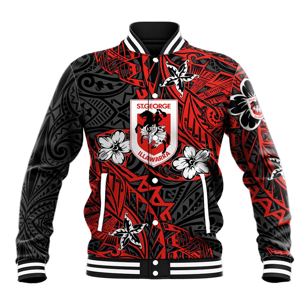 Personalised St. George Illawarra Dragons Baseball Jacket Polynesian Tribal Pattern With Rugby Dragon Mascot Art
