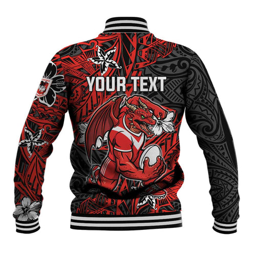 Personalised St. George Illawarra Dragons Baseball Jacket Polynesian Tribal Pattern With Rugby Dragon Mascot Art