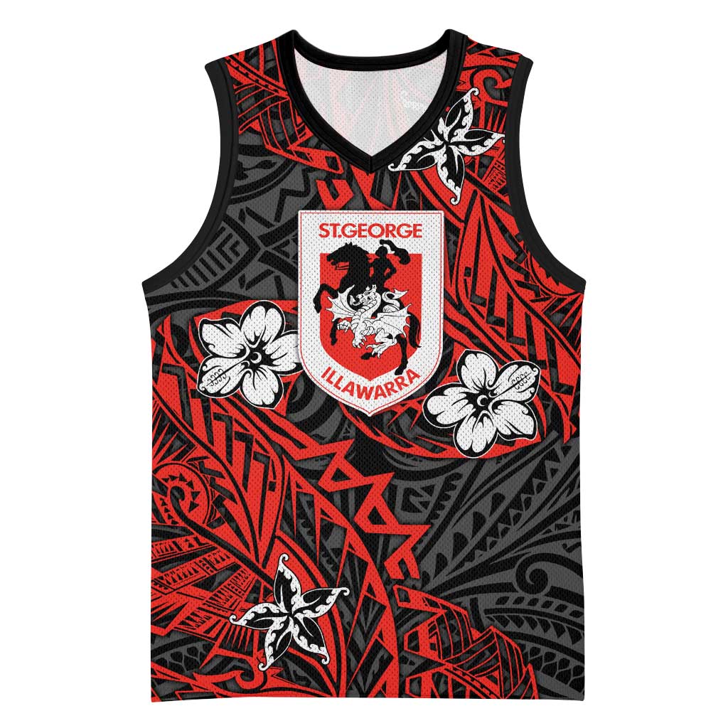 Personalised St. George Illawarra Dragons Basketball Jersey Polynesian Tribal Pattern With Rugby Dragon Mascot Art