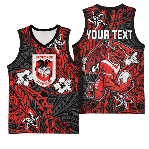 Personalised St. George Illawarra Dragons Basketball Jersey Polynesian Tribal Pattern With Rugby Dragon Mascot Art