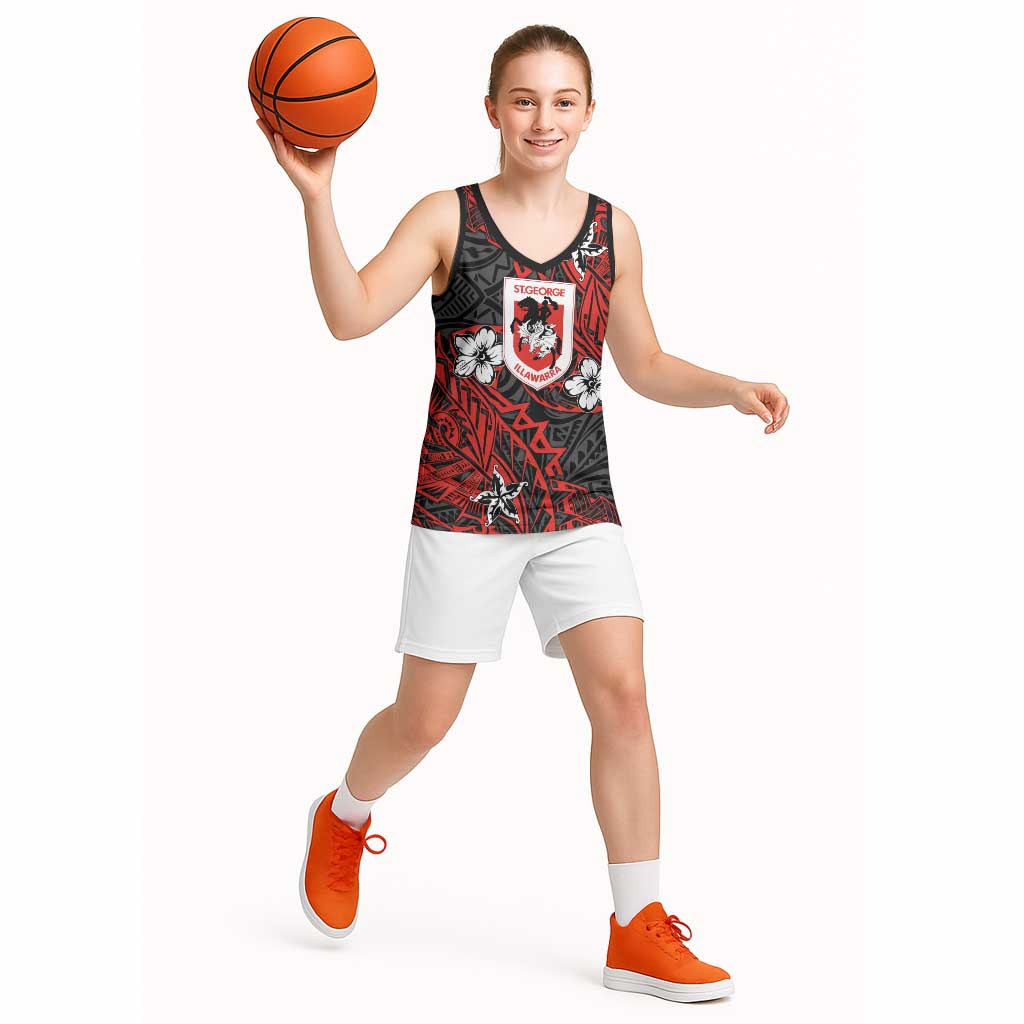Personalised St. George Illawarra Dragons Basketball Jersey Polynesian Tribal Pattern With Rugby Dragon Mascot Art