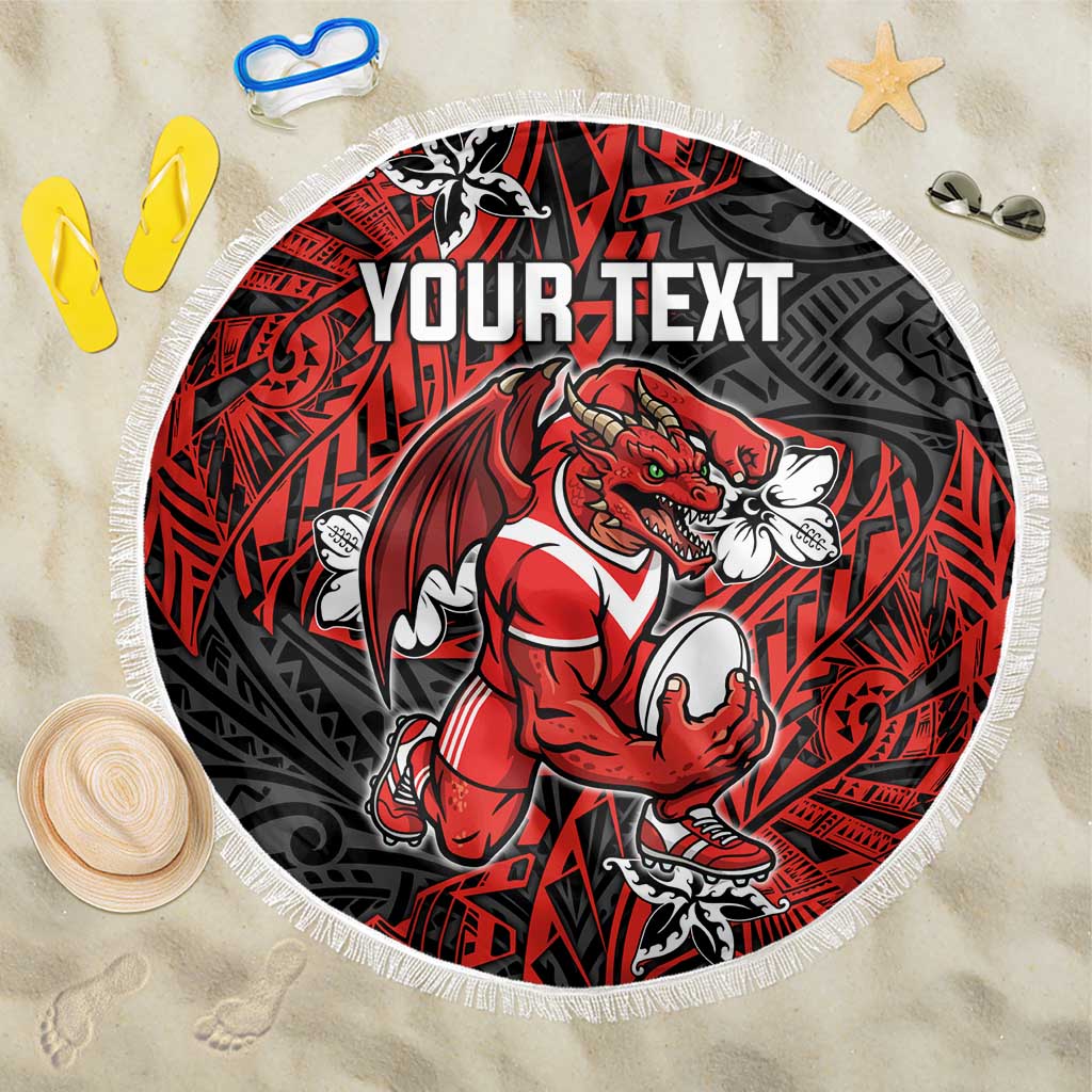 Personalised St. George Illawarra Dragons Beach Blanket Polynesian Tribal Pattern With Rugby Dragon Mascot Art