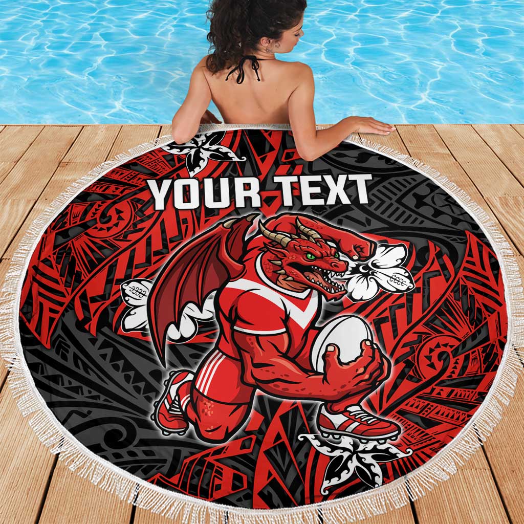 Personalised St. George Illawarra Dragons Beach Blanket Polynesian Tribal Pattern With Rugby Dragon Mascot Art