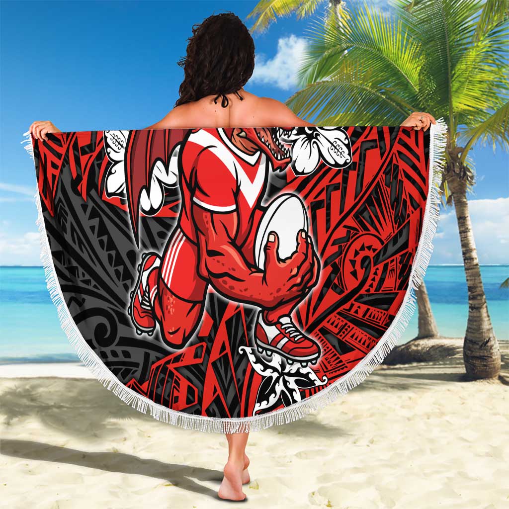 Personalised St. George Illawarra Dragons Beach Blanket Polynesian Tribal Pattern With Rugby Dragon Mascot Art