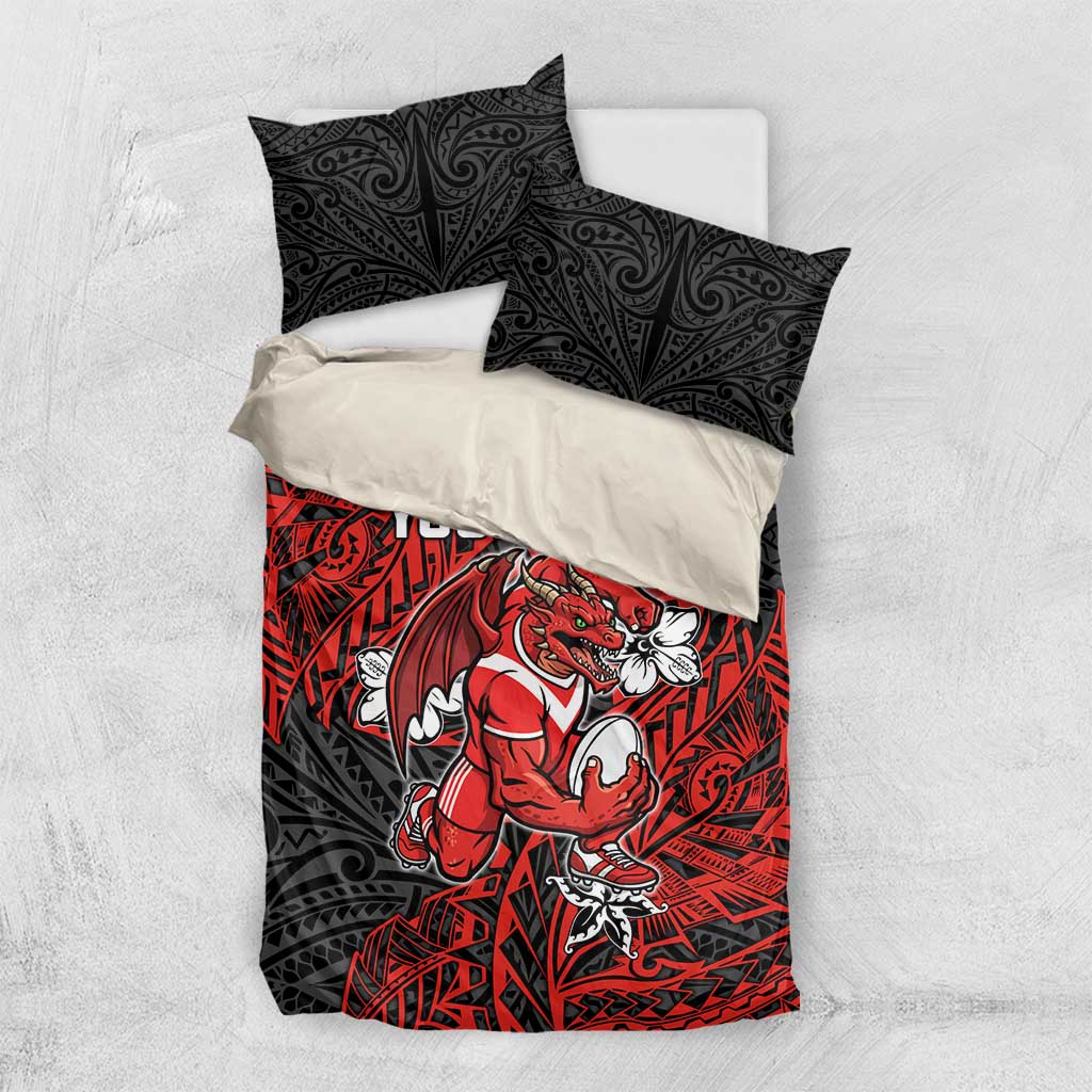 Personalised St. George Illawarra Dragons Bedding Set Polynesian Tribal Pattern With Rugby Dragon Mascot Art