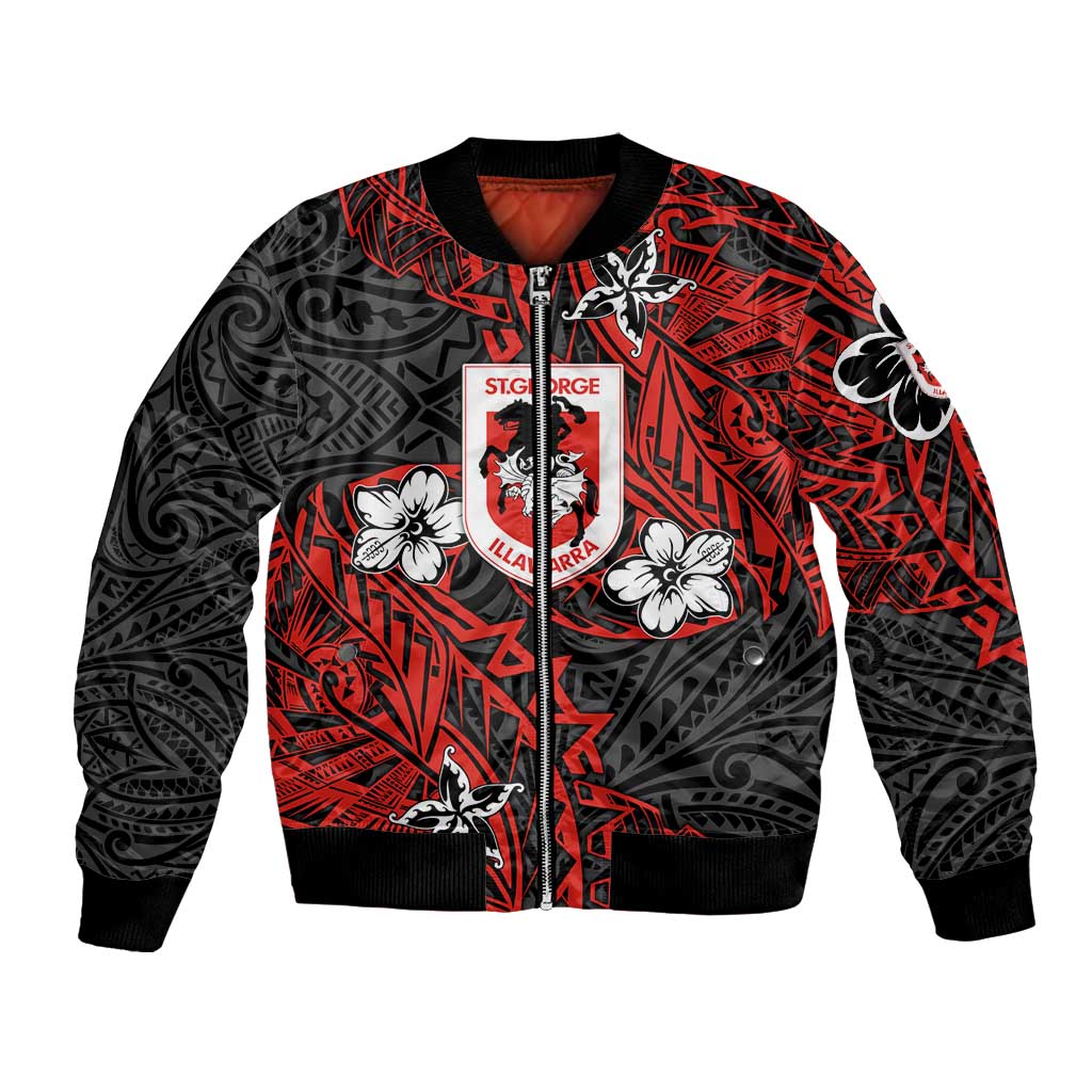 Personalised St. George Illawarra Dragons Bomber Jacket Polynesian Tribal Pattern With Rugby Dragon Mascot Art