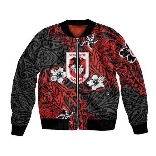 Personalised St. George Illawarra Dragons Bomber Jacket Polynesian Tribal Pattern With Rugby Dragon Mascot Art