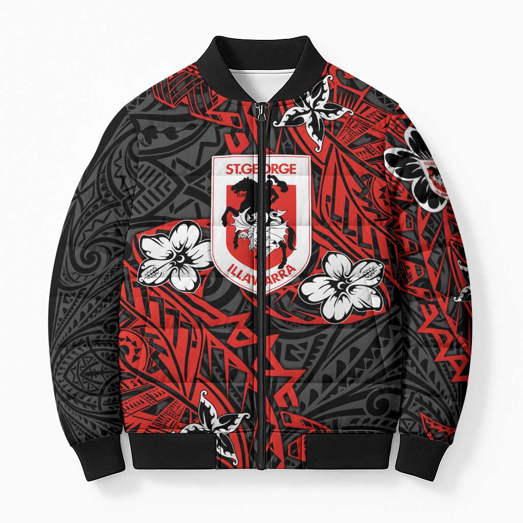 Personalised St. George Illawarra Dragons Bomber Puffer Jacket Polynesian Tribal Pattern With Rugby Dragon Mascot Art