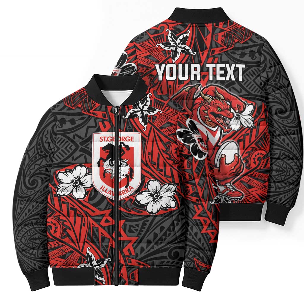 Personalised St. George Illawarra Dragons Bomber Puffer Jacket Polynesian Tribal Pattern With Rugby Dragon Mascot Art
