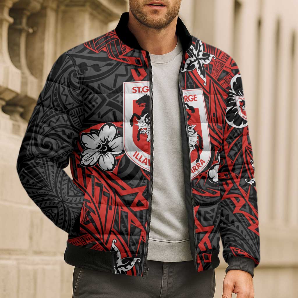 Personalised St. George Illawarra Dragons Bomber Puffer Jacket Polynesian Tribal Pattern With Rugby Dragon Mascot Art