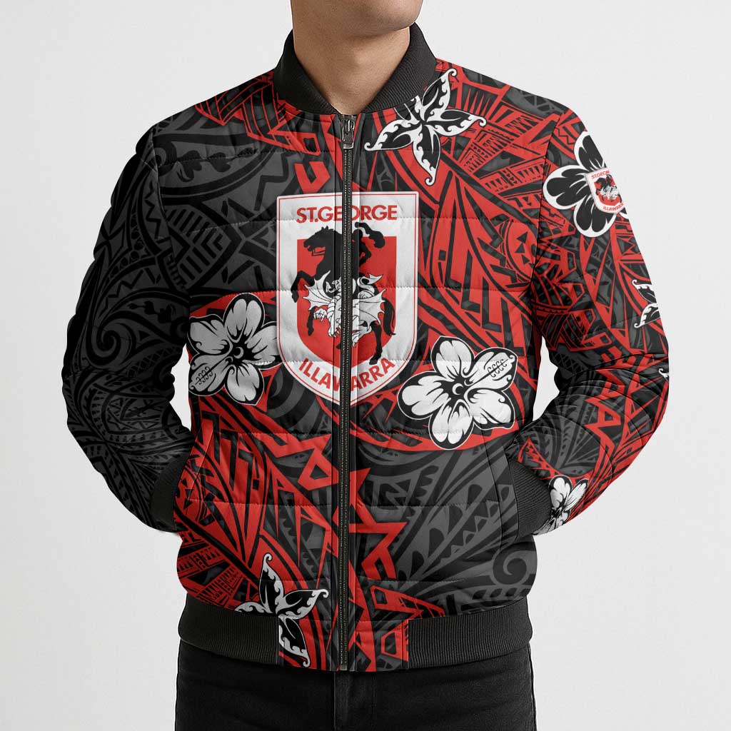 Personalised St. George Illawarra Dragons Bomber Puffer Jacket Polynesian Tribal Pattern With Rugby Dragon Mascot Art