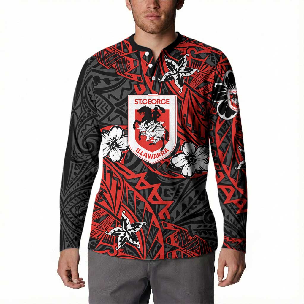 Personalised St. George Illawarra Dragons Button Sweatshirt Polynesian Tribal Pattern With Rugby Dragon Mascot Art