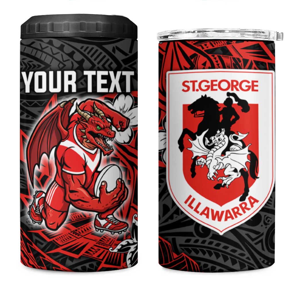 Personalised St. George Illawarra Dragons 4 in 1 Can Cooler Tumbler Polynesian Tribal Pattern With Rugby Dragon Mascot Art
