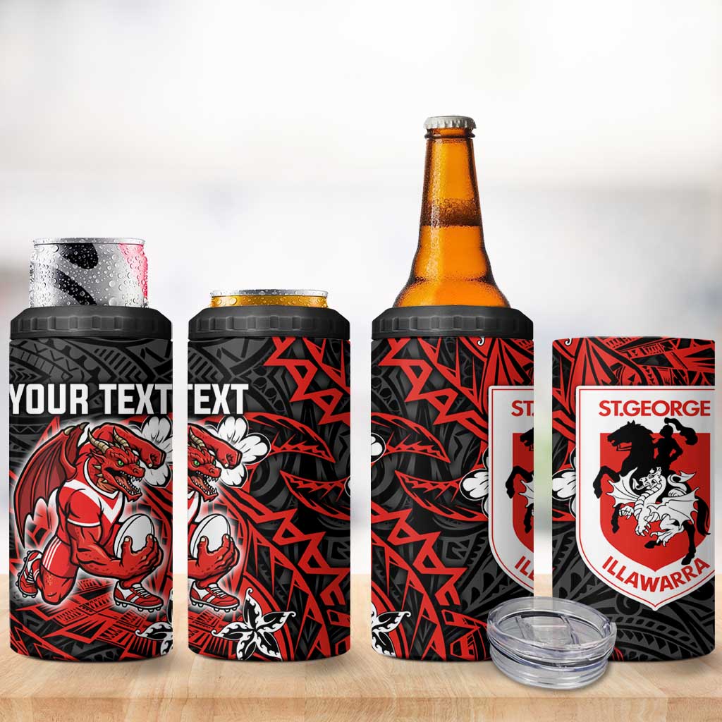 Personalised St. George Illawarra Dragons 4 in 1 Can Cooler Tumbler Polynesian Tribal Pattern With Rugby Dragon Mascot Art