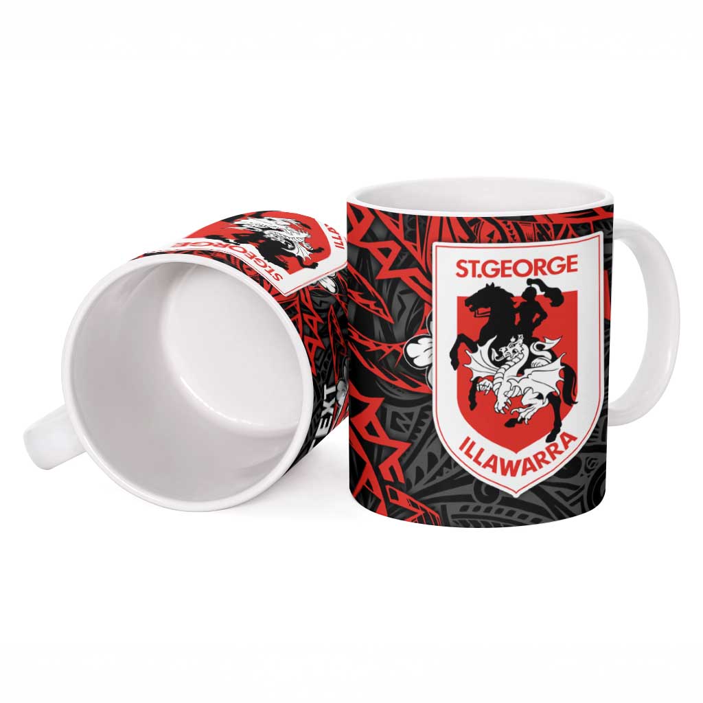 Personalised St. George Illawarra Dragons Ceramic Mug Polynesian Tribal Pattern With Rugby Dragon Mascot Art