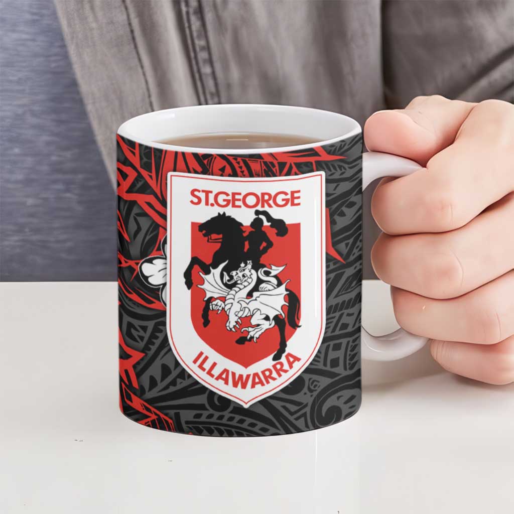 Personalised St. George Illawarra Dragons Ceramic Mug Polynesian Tribal Pattern With Rugby Dragon Mascot Art
