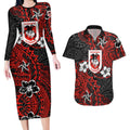 Personalised St. George Illawarra Dragons Couples Matching Long Sleeve Bodycon Dress and Hawaiian Shirt Polynesian Tribal Pattern With Rugby Dragon Mascot Art