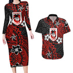 Personalised St. George Illawarra Dragons Couples Matching Long Sleeve Bodycon Dress and Hawaiian Shirt Polynesian Tribal Pattern With Rugby Dragon Mascot Art