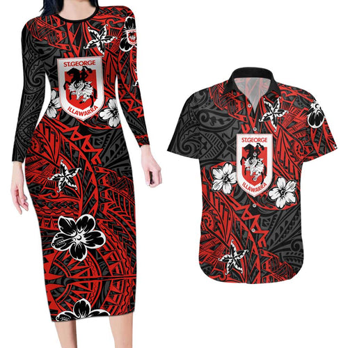 Personalised St. George Illawarra Dragons Couples Matching Long Sleeve Bodycon Dress and Hawaiian Shirt Polynesian Tribal Pattern With Rugby Dragon Mascot Art