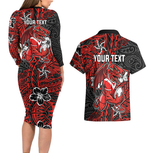 Personalised St. George Illawarra Dragons Couples Matching Long Sleeve Bodycon Dress and Hawaiian Shirt Polynesian Tribal Pattern With Rugby Dragon Mascot Art