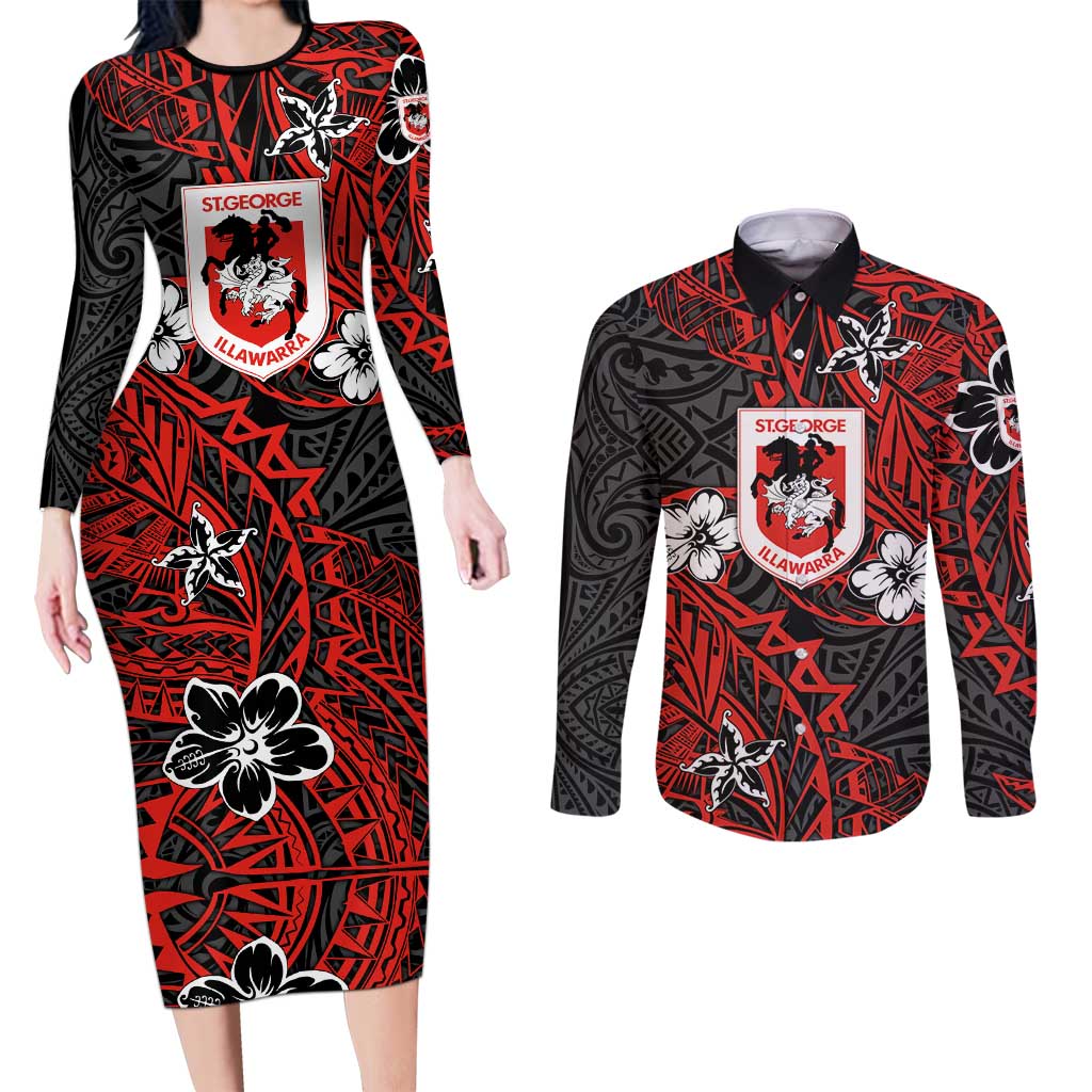 Personalised St. George Illawarra Dragons Couples Matching Long Sleeve Bodycon Dress and Long Sleeve Button Shirt Polynesian Tribal Pattern With Rugby Dragon Mascot Art