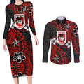 Personalised St. George Illawarra Dragons Couples Matching Long Sleeve Bodycon Dress and Long Sleeve Button Shirt Polynesian Tribal Pattern With Rugby Dragon Mascot Art