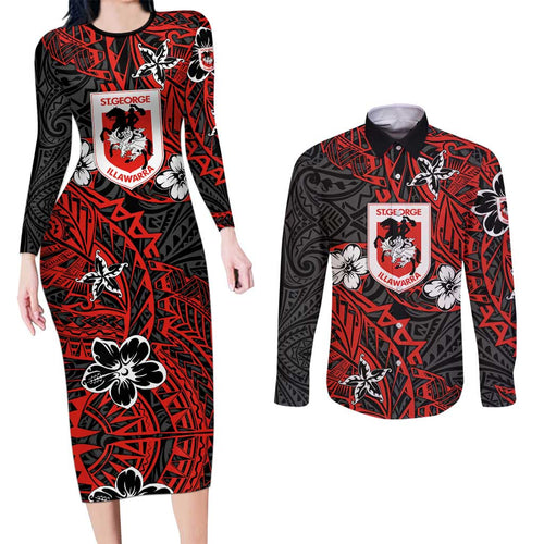Personalised St. George Illawarra Dragons Couples Matching Long Sleeve Bodycon Dress and Long Sleeve Button Shirt Polynesian Tribal Pattern With Rugby Dragon Mascot Art