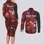 Personalised St. George Illawarra Dragons Couples Matching Long Sleeve Bodycon Dress and Long Sleeve Button Shirt Polynesian Tribal Pattern With Rugby Dragon Mascot Art