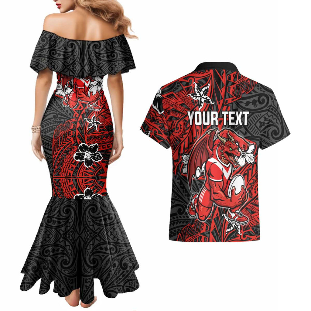 Personalised St. George Illawarra Dragons Couples Matching Mermaid Dress and Hawaiian Shirt Polynesian Tribal Pattern With Rugby Dragon Mascot Art