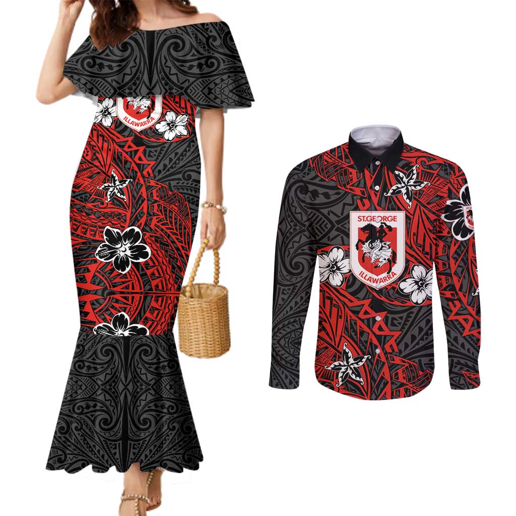 Personalised St. George Illawarra Dragons Couples Matching Mermaid Dress and Long Sleeve Button Shirt Polynesian Tribal Pattern With Rugby Dragon Mascot Art