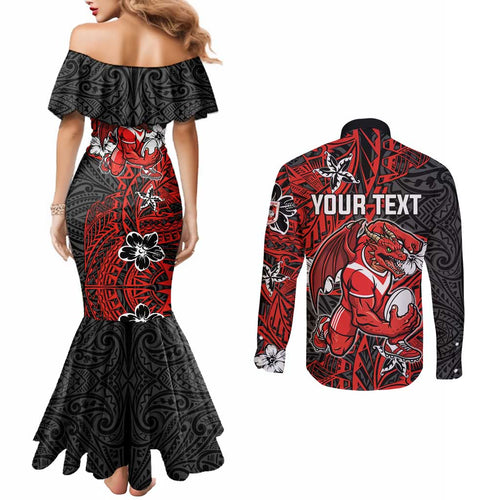 Personalised St. George Illawarra Dragons Couples Matching Mermaid Dress and Long Sleeve Button Shirt Polynesian Tribal Pattern With Rugby Dragon Mascot Art