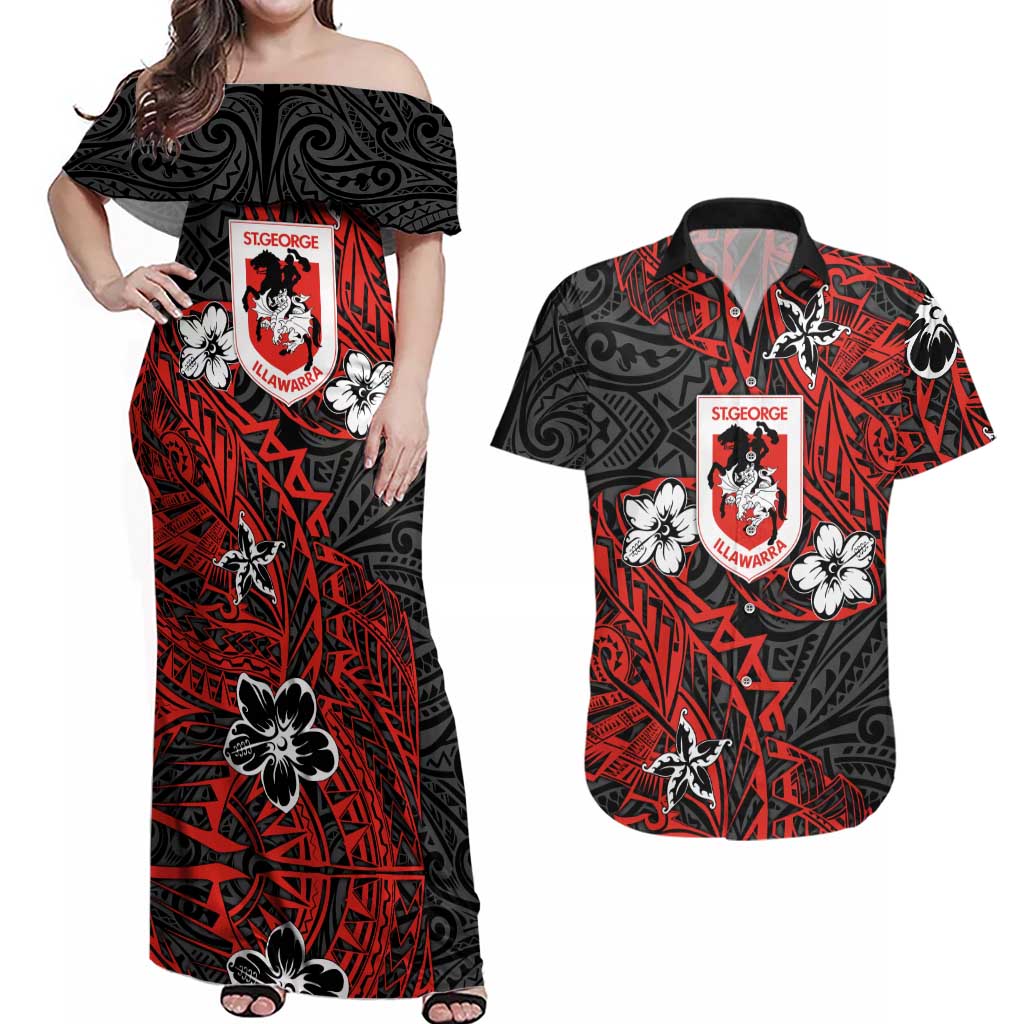 Personalised St. George Illawarra Dragons Couples Matching Off Shoulder Maxi Dress and Hawaiian Shirt Polynesian Tribal Pattern With Rugby Dragon Mascot Art
