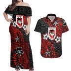 Personalised St. George Illawarra Dragons Couples Matching Off Shoulder Maxi Dress and Hawaiian Shirt Polynesian Tribal Pattern With Rugby Dragon Mascot Art