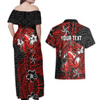 Personalised St. George Illawarra Dragons Couples Matching Off Shoulder Maxi Dress and Hawaiian Shirt Polynesian Tribal Pattern With Rugby Dragon Mascot Art