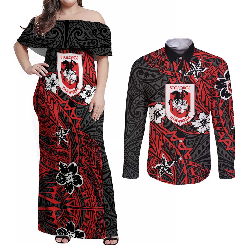 Personalised St. George Illawarra Dragons Couples Matching Off Shoulder Maxi Dress and Long Sleeve Button Shirt Polynesian Tribal Pattern With Rugby Dragon Mascot Art