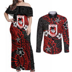 Personalised St. George Illawarra Dragons Couples Matching Off Shoulder Maxi Dress and Long Sleeve Button Shirt Polynesian Tribal Pattern With Rugby Dragon Mascot Art