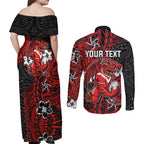 Personalised St. George Illawarra Dragons Couples Matching Off Shoulder Maxi Dress and Long Sleeve Button Shirt Polynesian Tribal Pattern With Rugby Dragon Mascot Art