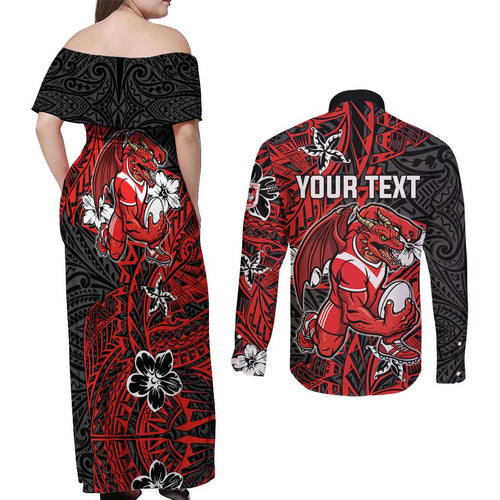 Personalised St. George Illawarra Dragons Couples Matching Off Shoulder Maxi Dress and Long Sleeve Button Shirt Polynesian Tribal Pattern With Rugby Dragon Mascot Art