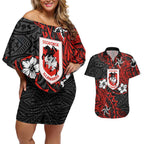 Personalised St. George Illawarra Dragons Couples Matching Off Shoulder Short Dress and Hawaiian Shirt Polynesian Tribal Pattern With Rugby Dragon Mascot Art