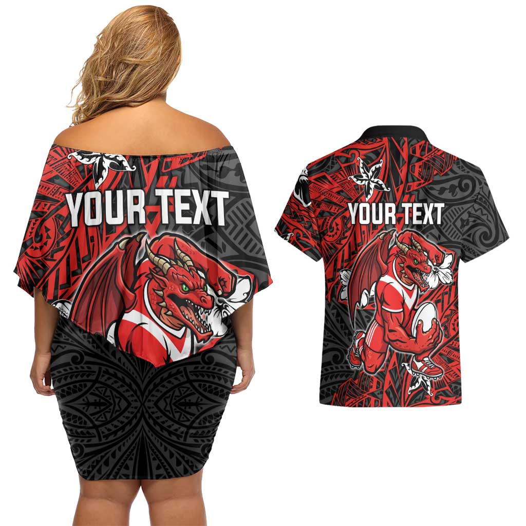 Personalised St. George Illawarra Dragons Couples Matching Off Shoulder Short Dress and Hawaiian Shirt Polynesian Tribal Pattern With Rugby Dragon Mascot Art