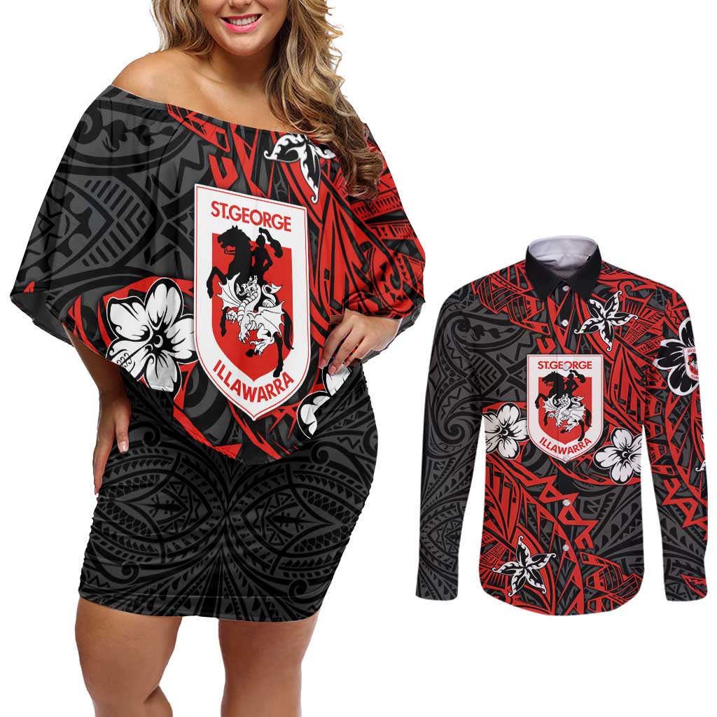 Personalised St. George Illawarra Dragons Couples Matching Off Shoulder Short Dress and Long Sleeve Button Shirt Polynesian Tribal Pattern With Rugby Dragon Mascot Art