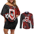 Personalised St. George Illawarra Dragons Couples Matching Off Shoulder Short Dress and Long Sleeve Button Shirt Polynesian Tribal Pattern With Rugby Dragon Mascot Art