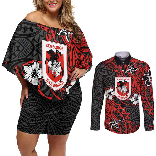 Personalised St. George Illawarra Dragons Couples Matching Off Shoulder Short Dress and Long Sleeve Button Shirt Polynesian Tribal Pattern With Rugby Dragon Mascot Art